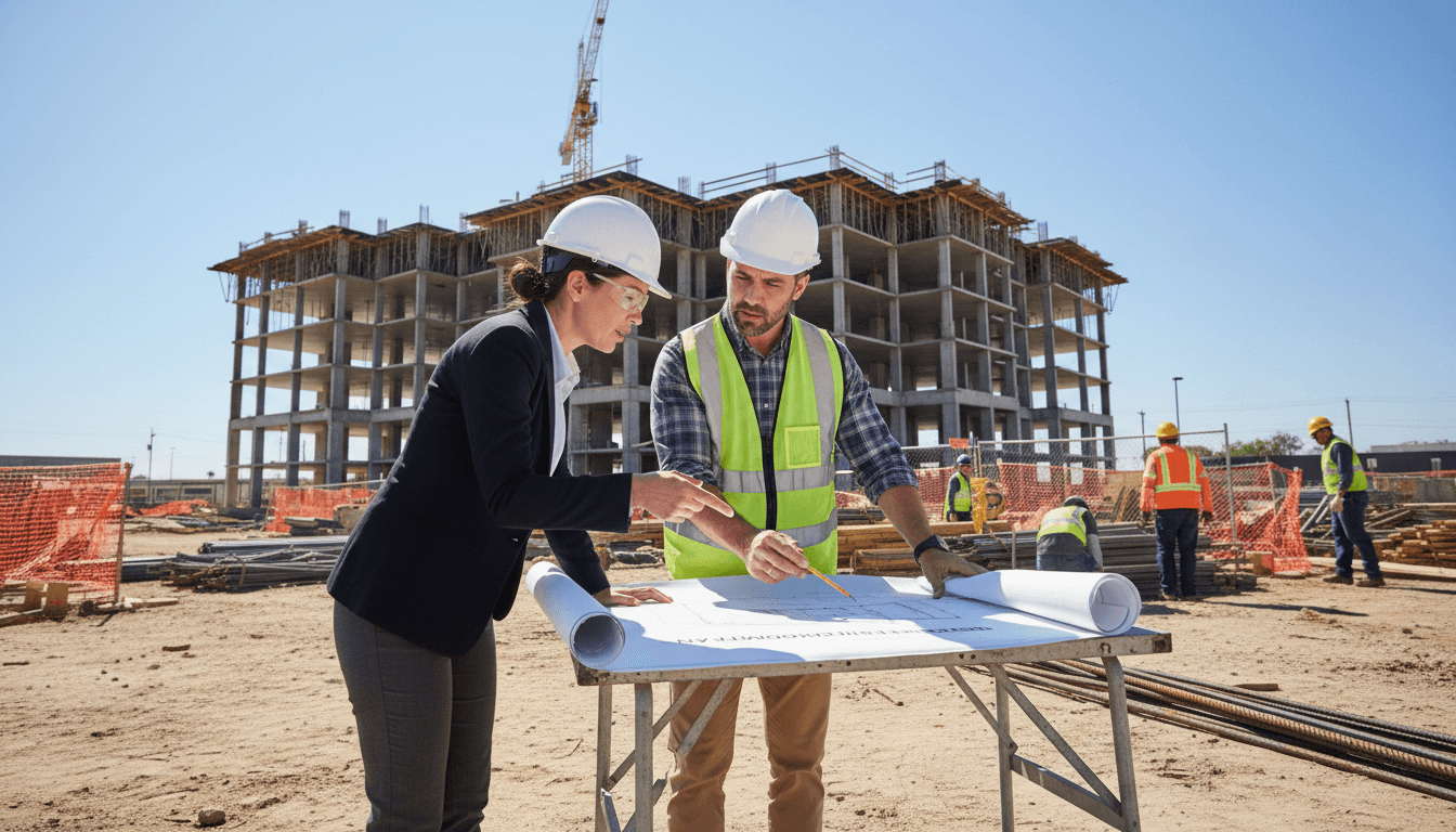 Contractor reviewing blueprints with a client at a construction site