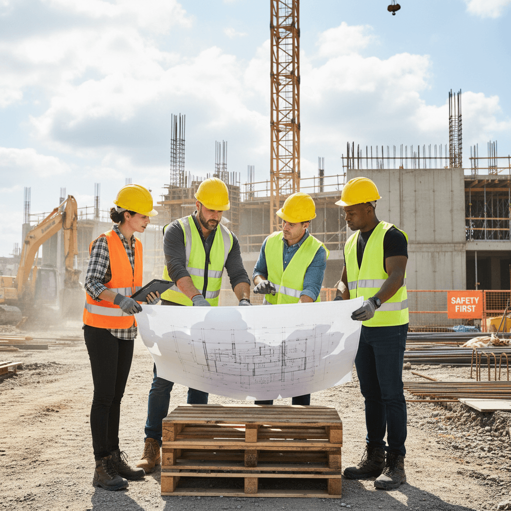 Contractor reviewing blueprints on a construction site
