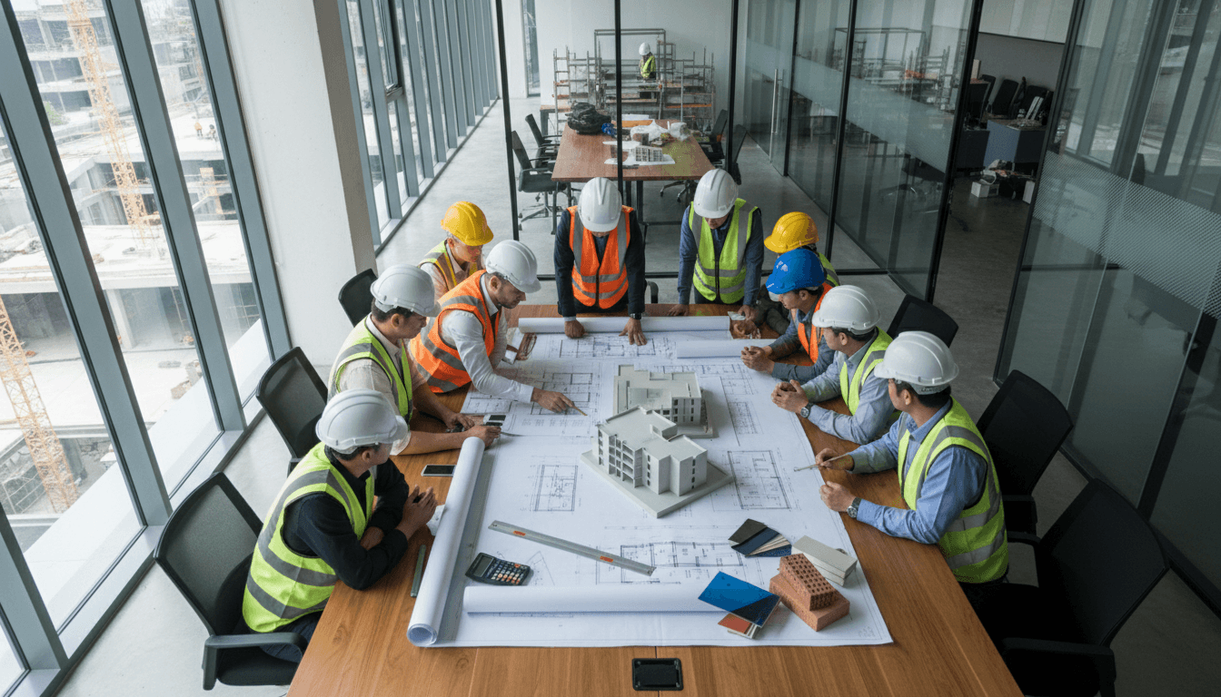 Blueprint plans and hard hat on a construction site table
