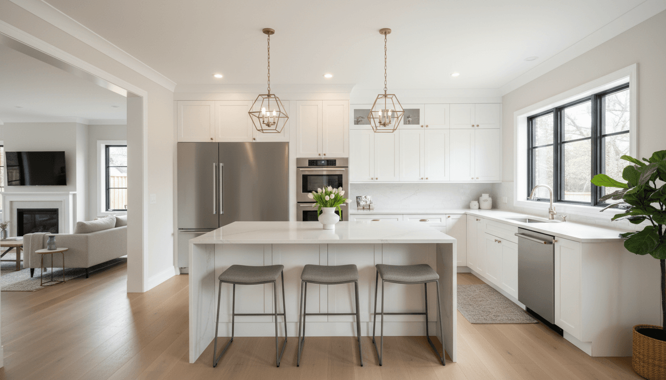 Newly renovated modern kitchen with quartz countertops and stainless steel appliances