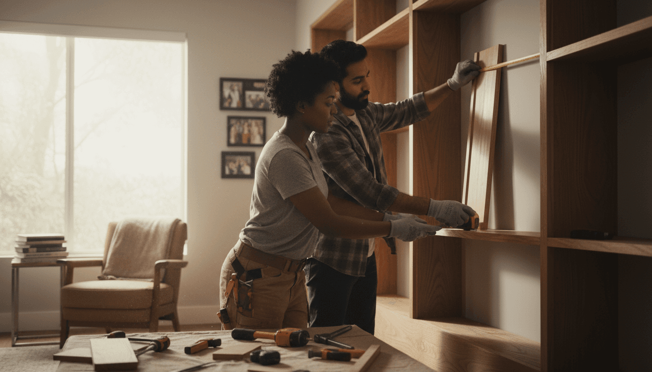 Construction crew performing precise carpentry work on a professional site