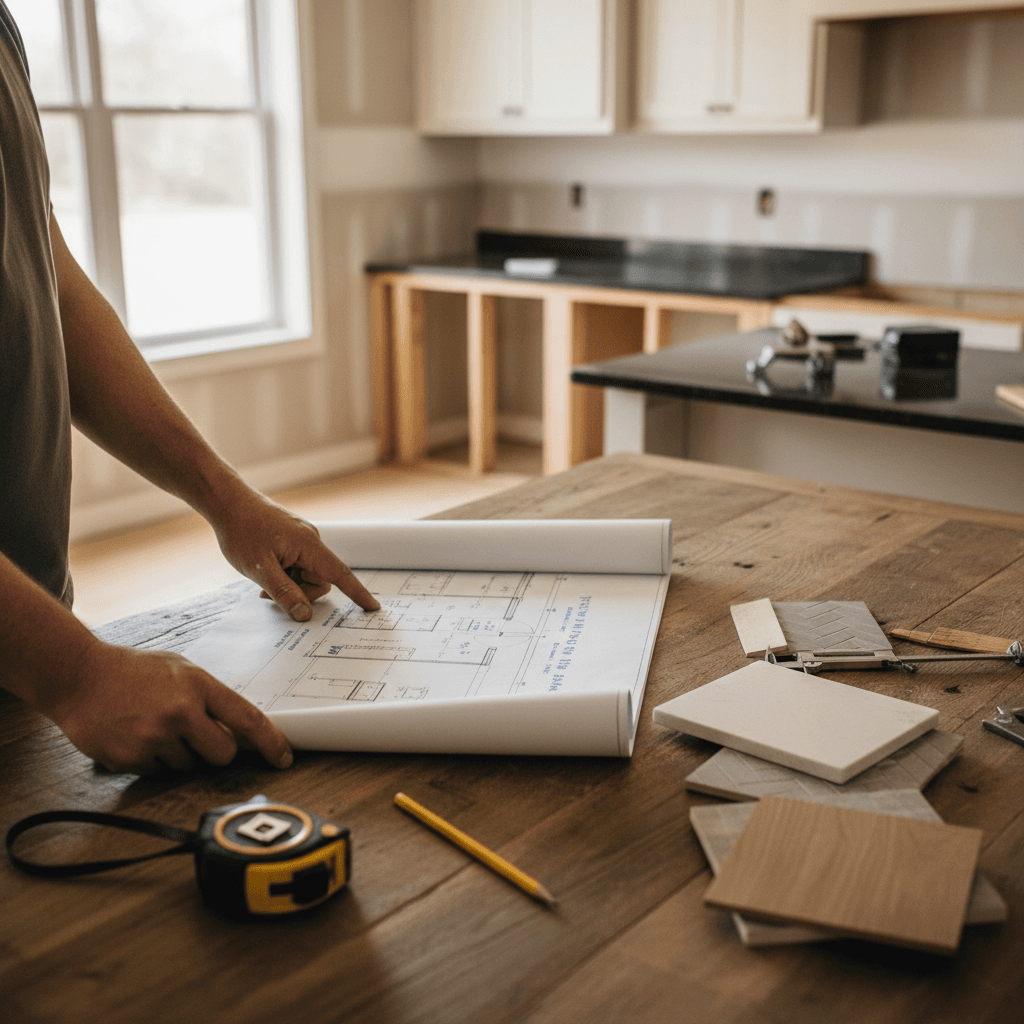Contractor reviewing blueprint plans with a client at a renovation site