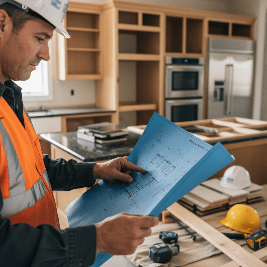 Contractor reviewing blueprints on a residential renovation site