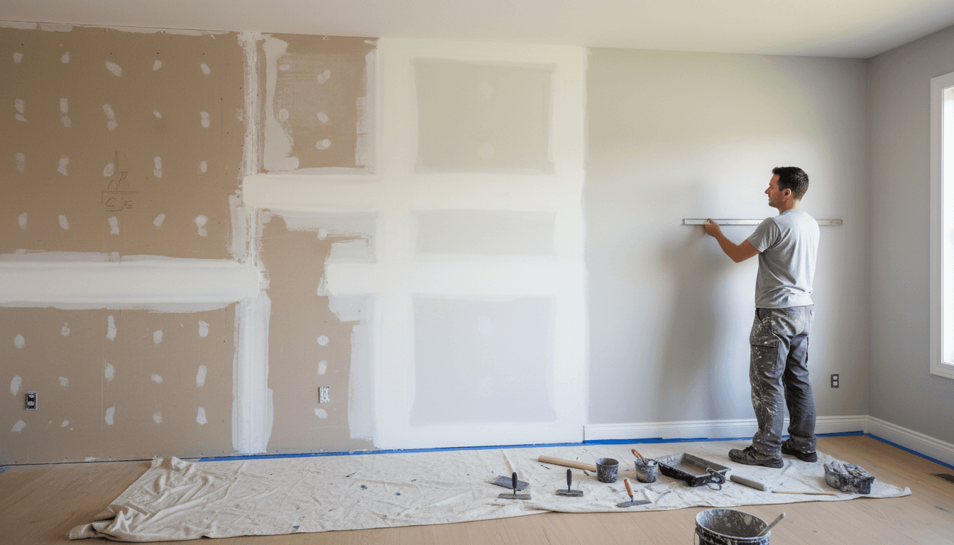 Contractor inspecting finished wall installation in a bright renovated room