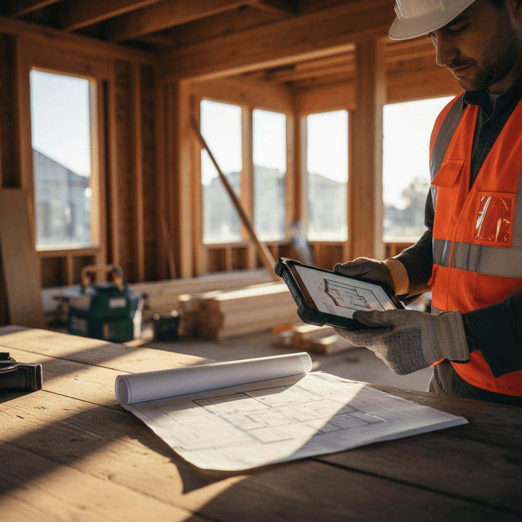 Contractor reviewing blueprints at a residential construction site