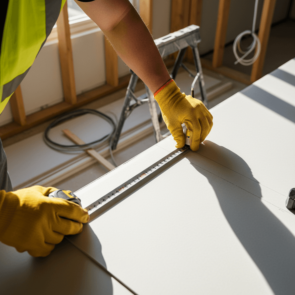 Contractor measuring a wall in a bright modern home under renovation