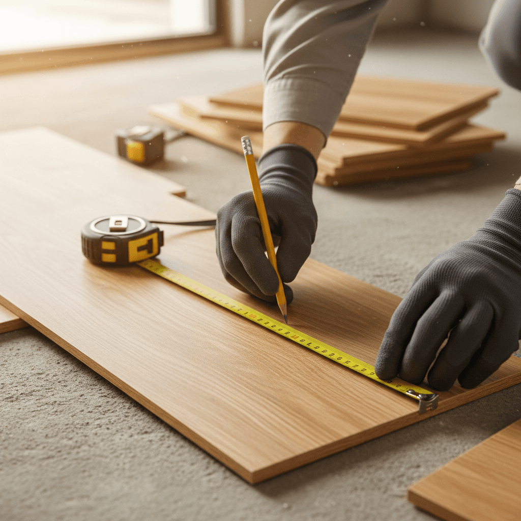 Contractor measuring a wooden plank with a level during a home renovation