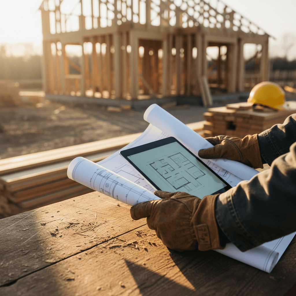 Contractor reviewing blueprints at a residential renovation site