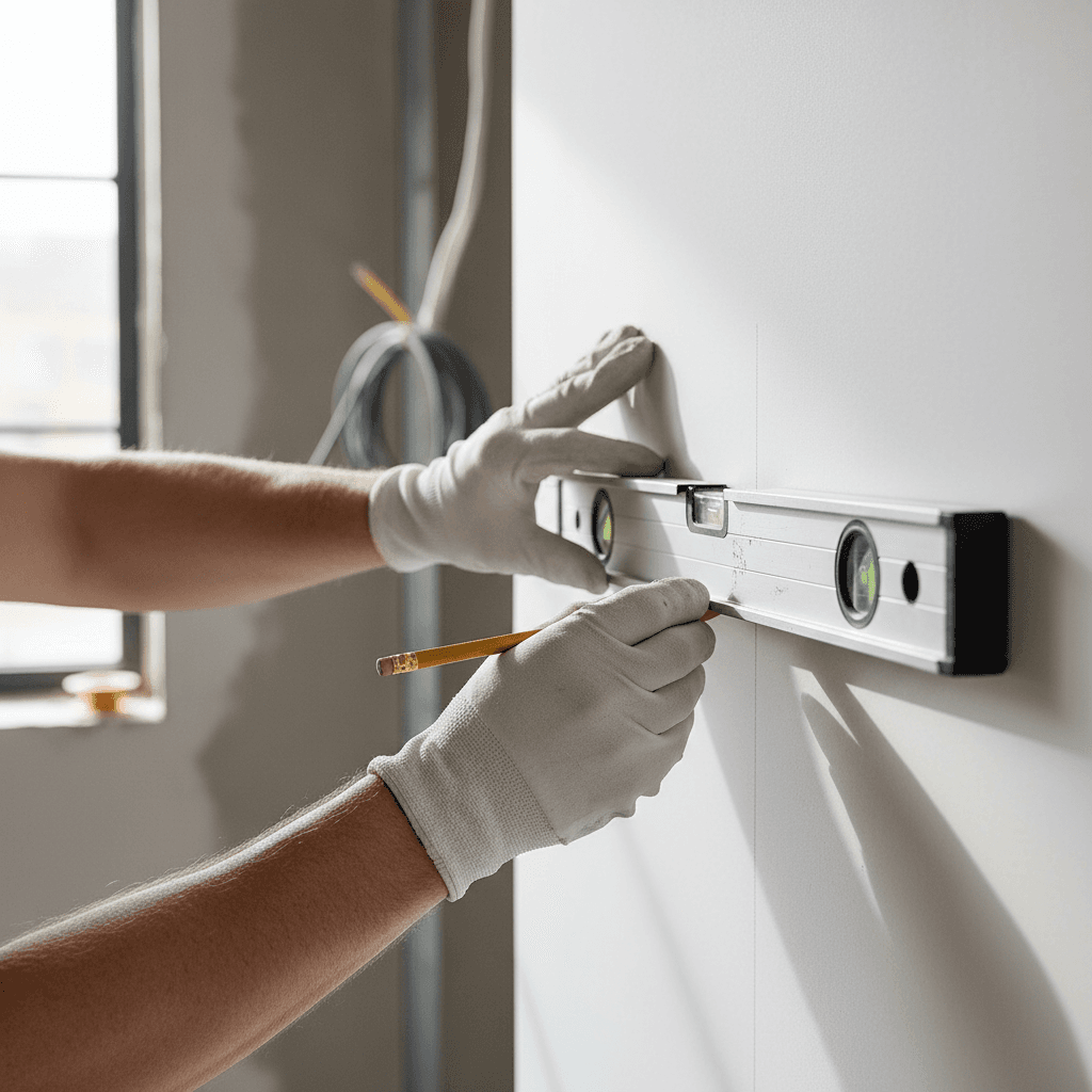 Contractor installing drywall